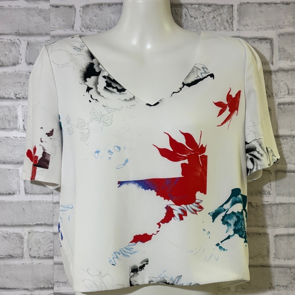 Babaton Women's White V-Neck Short Sleeve Top with Red & Teal Floral Print, XS